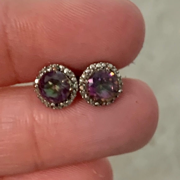 Lesa Michele Cubic Zirconia Rainbow Topaz Halo Stud Earrings - Picture 8 of 13